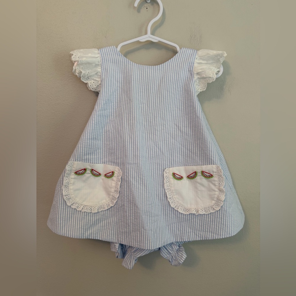The Proper Peony Blue Seersucker Watermelon Dress